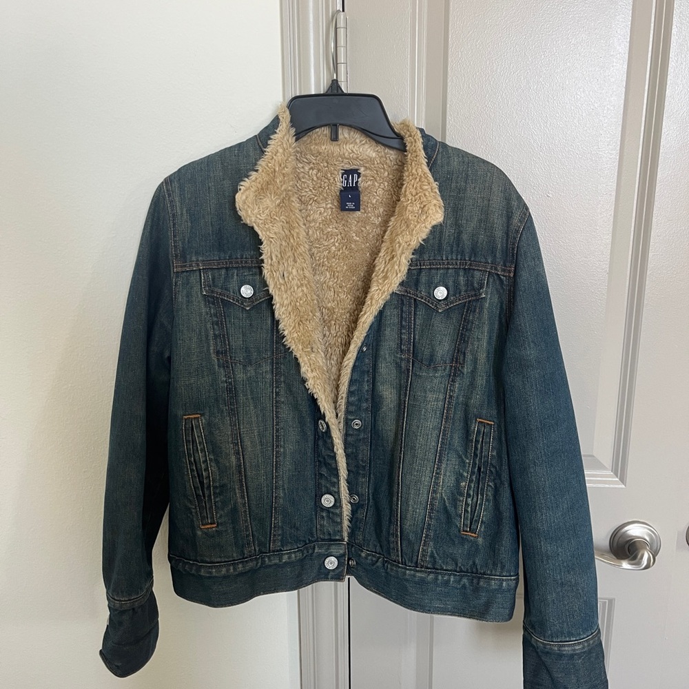 GAP Blue Denim Jacket with Cream Faux Fur